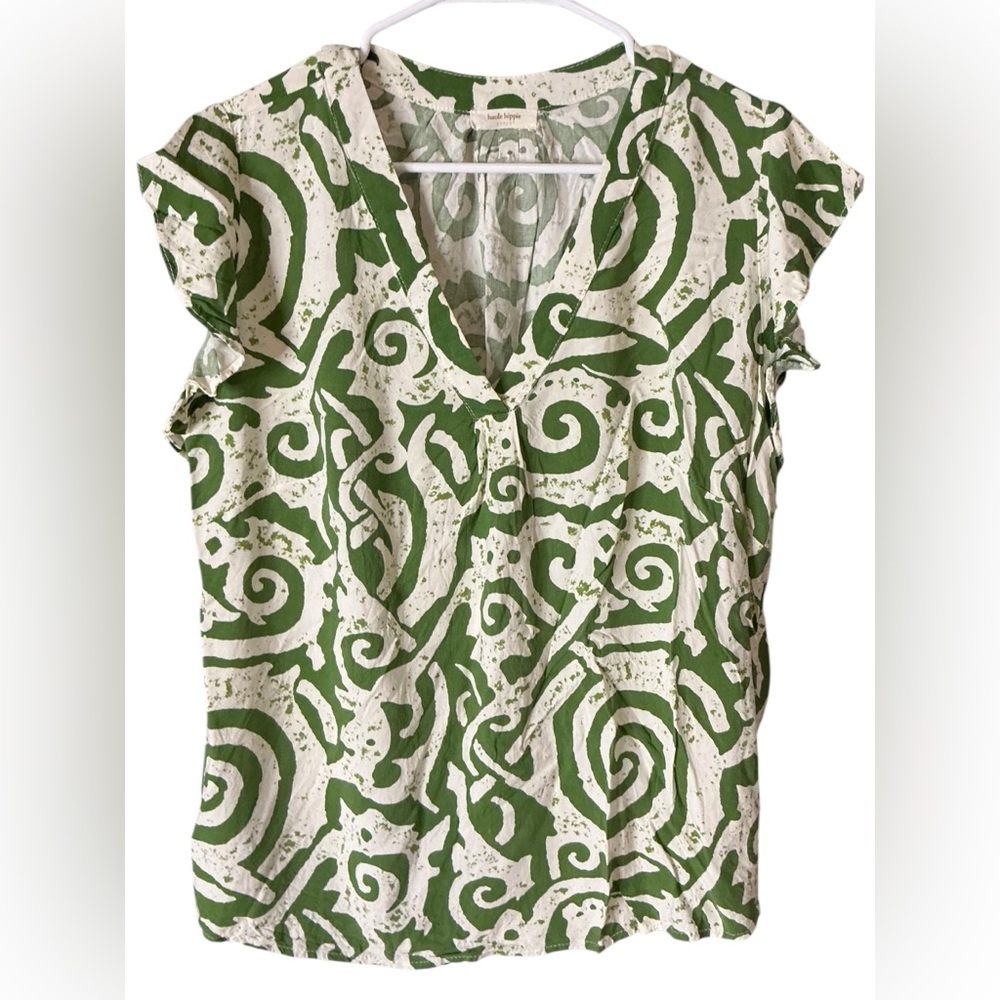Haute Hippie Green and White Ruffled Blouse with Notched Collar